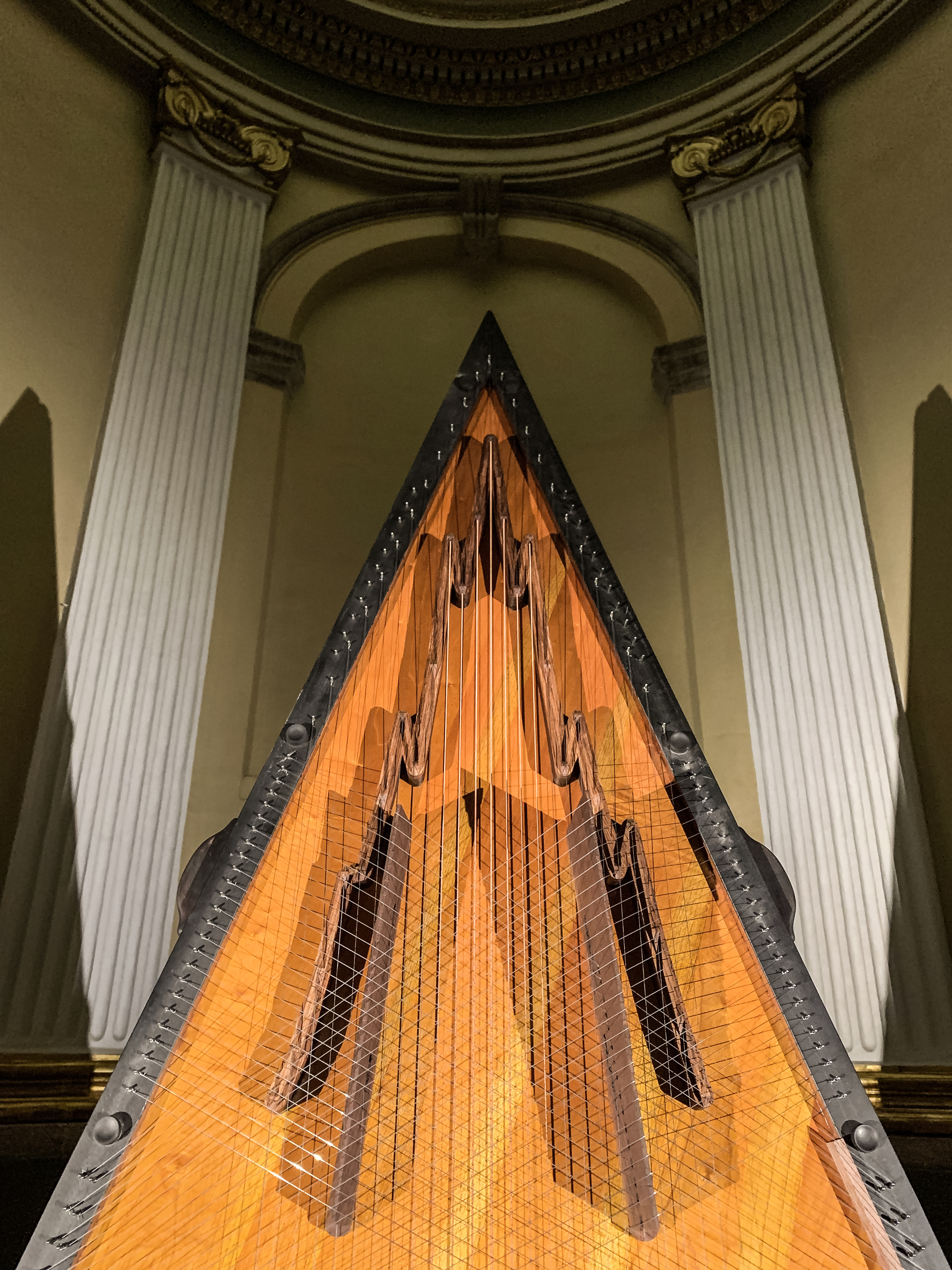 Citrapataṃga Brevicornis, 2022.  
Concept: Ximena Labra, Leonardo Heiblum. Collaboration with luthier Carlos Chinchillas.

Musical instrument for twelve hands, sound sculpture. Harmonic table: cedar wood with carved chagane wood bridges. 108 strings: piano, concert harp, Jarocha harp, jarana, sitar and psaltery strings. Body: chechen and katalox woods. Iron and steel. 
2.7 x 1.8 x 1.3 m 
